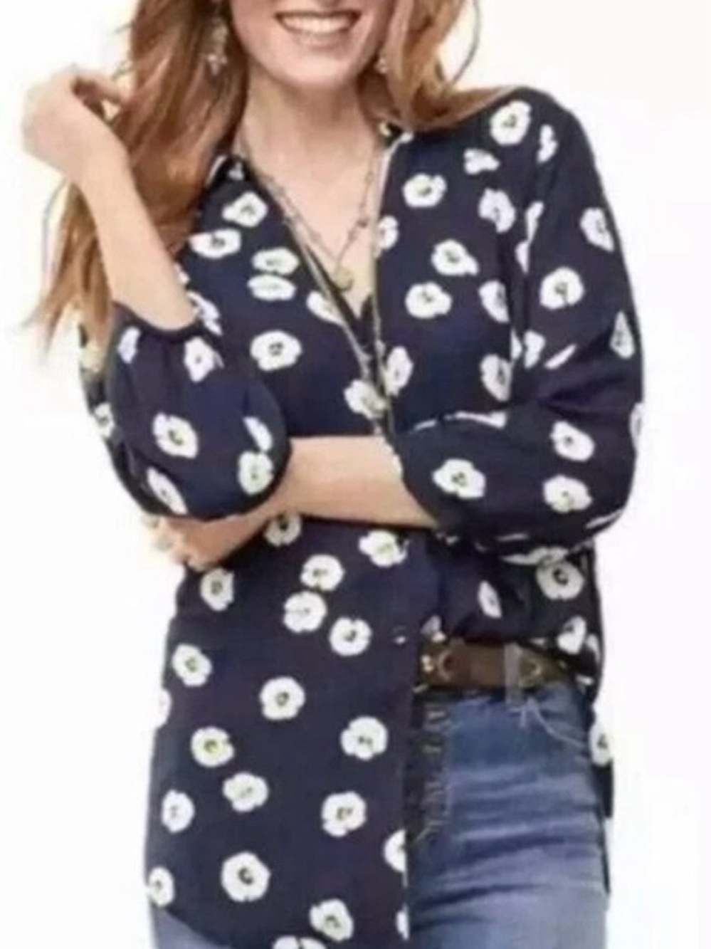 CAbi 5705 Go To Button Up Navy Floral Blouse